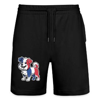 Dog in the colors of the French flag 2026 - Stanley/Stella Trainer Unisex Organic Jogging Shorts - black - Front - Nik (191cm) & Marisol (170cm)