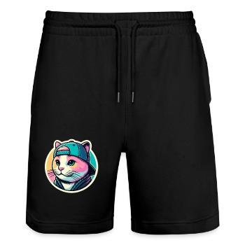 Cat with cap in pastel - Stanley/Stella Trainer Unisex Organic Jogging Shorts - black - Front - Nik (191cm) & Marisol (170cm)