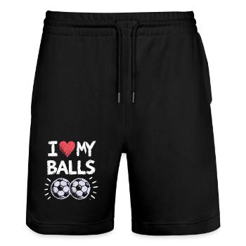 Ich liebe meine Bälle Fußball Design - Stanley/Stella Unisex Bio Joggingshorts Trainer  - Schwarz - Vorne - Nik (191cm) & Marisol (170cm)