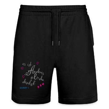 Sorry Entschuldigung - Stanley/Stella Trainer Unisex Organic Jogging Shorts - black - Front - Nik (191cm) & Marisol (170cm)
