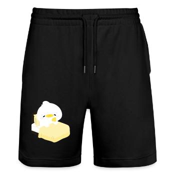 Canard douillet et endormi sur un lit jaune - Short de jogging bio TRAINER Stanley/Stella unisexe - noir - Devant - Nik (191cm) & Marisol (170cm)