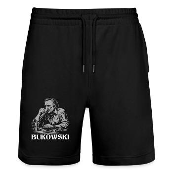 Charles Bukowski trinkt Kaffee im Café - Stanley/Stella Unisex Bio Joggingshorts Trainer  - Schwarz - Vorne - Nik (191cm) & Marisol (170cm)