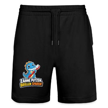 Dino Zähne putzen Schmerzen sparen Spruch Kinder - Stanley/Stella Unisex Bio Joggingshorts Trainer  - Schwarz - Vorne - Nik (191cm) & Marisol (170cm)