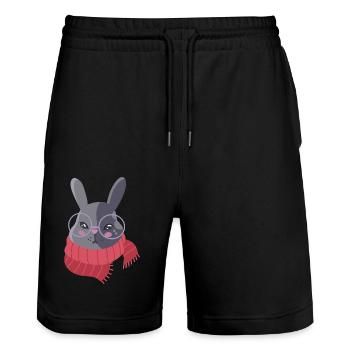 Lapin gris mignon dans une écharpe rouge d’hiver - Short de jogging bio TRAINER Stanley/Stella unisexe - noir - Devant - Nik (191cm) & Marisol (170cm)