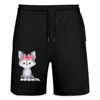 Wölfe Tierkind Tier Baby Blumenkranz Kinder Wald - Stanley/Stella Unisex Bio Joggingshorts Trainer  - Schwarz - Vorne - Nik (191cm) & Marisol (170cm)