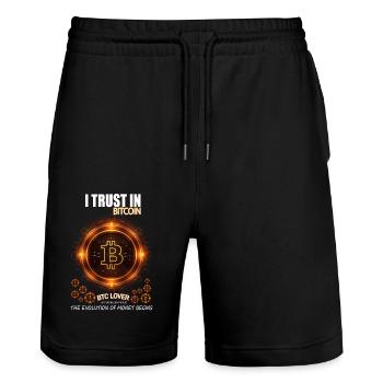 ICH VERTRAUE AUF BITCOIN BTC EVOLUTION DES GELDES - Stanley/Stella Unisex Bio Joggingshorts Trainer  - Schwarz - Vorne - Nik (191cm) & Marisol (170cm)