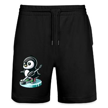 Joueur de hockey sur glace pingouin avec rondelle et - Short de jogging bio TRAINER Stanley/Stella unisexe - noir - Devant - Nik (191cm) & Marisol (170cm)
