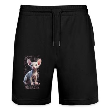 Sphynx Cat Calligraphitti - Stanley/Stella Unisex Bio Joggingshorts Trainer  - Schwarz - Vorne - Nik (191cm) & Marisol (170cm)