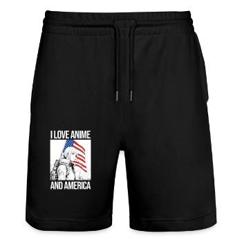 Ich liebe Anime und Amerika - Manga Stil. - Stanley/Stella Unisex Bio Joggingshorts Trainer  - Schwarz - Vorne - Nik (191cm) & Marisol (170cm)