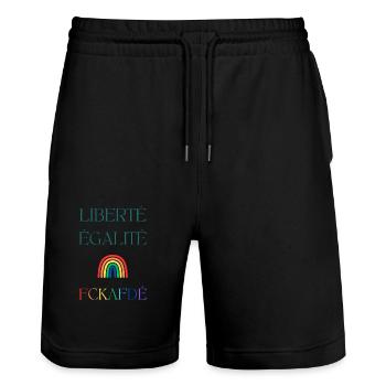 LIBERTÉ EGALITÉ FCKAFDÉ - Regenbogen Design FCKAFD - Stanley/Stella Unisex Bio Joggingshorts Trainer  - Schwarz - Vorne - Nik (191cm) & Marisol (170cm)