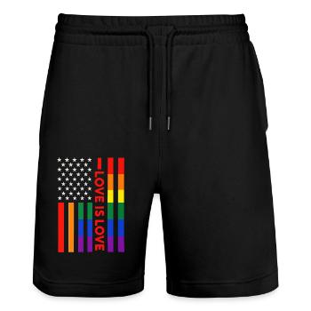 Patriotische Regenbogenflagge "Love Is Love" - Stanley/Stella Unisex Bio Joggingshorts Trainer  - Schwarz - Vorne - Nik (191cm) & Marisol (170cm)