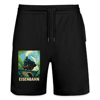 Eisenbahn Brücke Wald Dampflok Zug Kinder - Stanley/Stella Unisex Bio Joggingshorts Trainer  - Schwarz - Vorne - Nik (191cm) & Marisol (170cm)