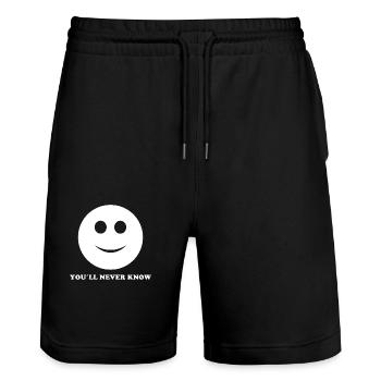 SMILE GRUSELY EVIL FUNNY FUNNY HUMOR IRONY (W) - Stanley/Stella Trainer Unisex Organic Jogging Shorts - black - Front - Nik (191cm) & Marisol (170cm)