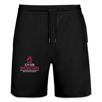 Bauherr Baumeister Hausbau Bauherrin Geschenk - Stanley/Stella Unisex Bio Joggingshorts Trainer  - Schwarz - Vorne - Nik (191cm) & Marisol (170cm)