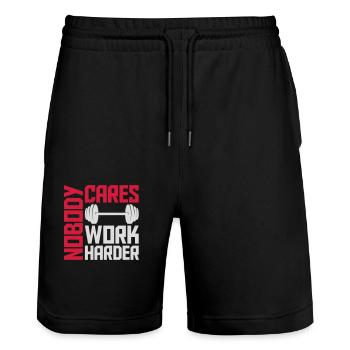 nobody cares work harder - Stanley/Stella Trainer Unisex Organic Jogging Shorts - black - Front - Nik (191cm) & Marisol (170cm)