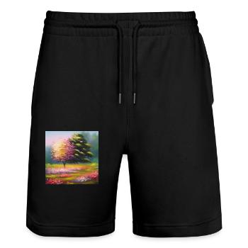 Blumen Wiese Baum Aquarell farbenfrohe Natur Kunst - Stanley/Stella Unisex Bio Joggingshorts Trainer  - Schwarz - Vorne - Nik (191cm) & Marisol (170cm)