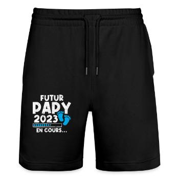 Futur Papy 2023 En Cours - Short de jogging bio TRAINER Stanley/Stella unisexe - noir - Devant - Nik (191cm) & Marisol (170cm)