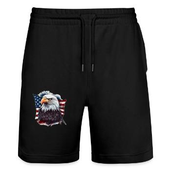 American bald eagle with USA flag - Stanley/Stella Trainer Unisex Organic Jogging Shorts - black - Front - Nik (191cm) & Marisol (170cm)