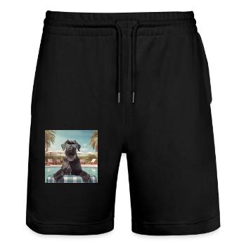 Giant schnauzer with sunglasses on vacation - Stanley/Stella Trainer Unisex Organic Jogging Shorts - black - Front - Nik (191cm) & Marisol (170cm)