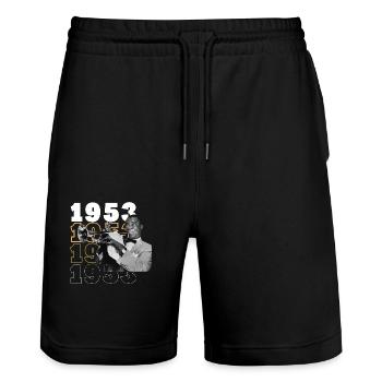 Born 1953 - Stanley/Stella Trainer Unisex Organic Jogging Shorts - black - Front - Nik (191cm) & Marisol (170cm)