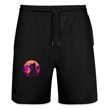 Synthwave cat sunset - Stanley/Stella Trainer Unisex Organic Jogging Shorts - black - Front - Nik (191cm) & Marisol (170cm)