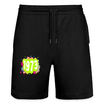 Jahr 1973 Jubiläum Groovy blumig - Stanley/Stella Unisex Bio Joggingshorts Trainer  - Schwarz - Vorne - Nik (191cm) & Marisol (170cm)