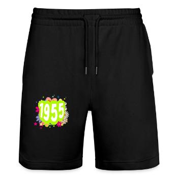Jahr 1955 Jubiläum Groovy blumig - Stanley/Stella Unisex Bio Joggingshorts Trainer  - Schwarz - Vorne - Nik (191cm) & Marisol (170cm)