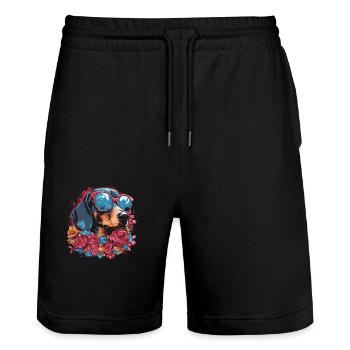 Flower dachshund - Stanley/Stella Trainer Unisex Organic Jogging Shorts - black - Front - Nik (191cm) & Marisol (170cm)