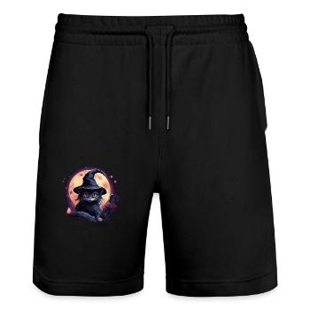Chat noir avec chapeau de sorcière - Short de jogging bio TRAINER Stanley/Stella unisexe - noir - Devant - Nik (191cm) & Marisol (170cm)
