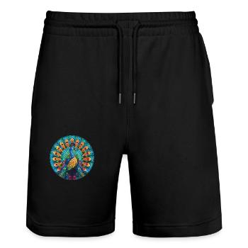 Peacock Colorful Watercolor Animal Illustration - Stanley/Stella Trainer Unisex Organic Jogging Shorts - black - Front - Nik (191cm) & Marisol (170cm)