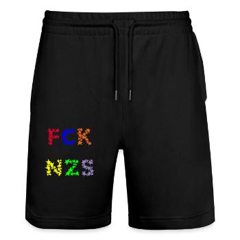 FCK NZS - Stanley/Stella Trainer Unisex Organic Jogging Shorts - black - Front - Nik (191cm) & Marisol (170cm)
