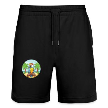 Papageien-Karikatur-Yoga-Strand-Sommer-Illustration - Stanley/Stella Unisex Bio Joggingshorts Trainer  - Schwarz - Vorne - Nik (191cm) & Marisol (170cm)