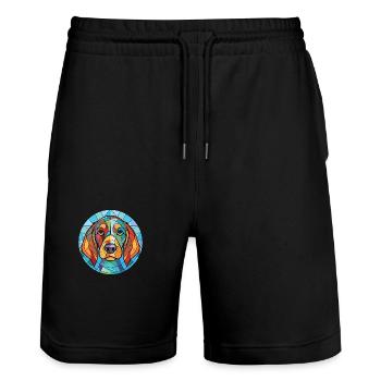 Cao da Serra de Aires Hunderasse Aquarellglas - Stanley/Stella Unisex Bio Joggingshorts Trainer  - Schwarz - Vorne - Nik (191cm) & Marisol (170cm)