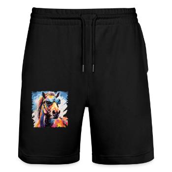 Cadeau pour les fans d’équitation du village du cheval pour enfants et cavaliers - Short de jogging bio TRAINER Stanley/Stella unisexe - noir - Devant - Nik (191cm) & Marisol (170cm)