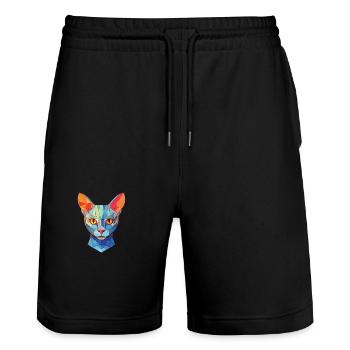 Illustration d’aquarelle colorée de chat bleu russe - Short de jogging bio TRAINER Stanley/Stella unisexe - noir - Devant - Nik (191cm) & Marisol (170cm)