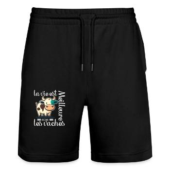 la vie est meilleure avec les vaches cadeau vache - Short de jogging bio TRAINER Stanley/Stella unisexe - noir - Devant - Nik (191cm) & Marisol (170cm)