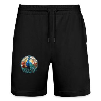 Peacock Colorful Watercolor Animal Illustration - Stanley/Stella Trainer Unisex Organic Jogging Shorts - black - Front - Nik (191cm) & Marisol (170cm)