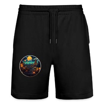 Abendliches Bergdorf Fantasie Unterbewußtsein - Stanley/Stella Unisex Bio Joggingshorts Trainer  - Schwarz - Vorne - Nik (191cm) & Marisol (170cm)