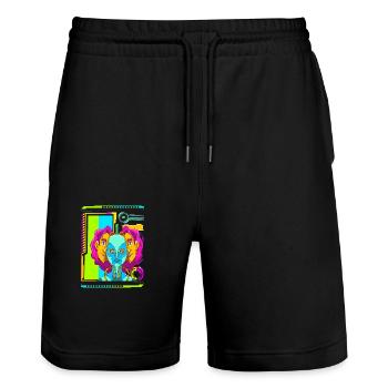 Cyberpunk Retro Synthwave Futuristisch - Stanley/Stella Unisex Bio Joggingshorts Trainer  - Schwarz - Vorne - Nik (191cm) & Marisol (170cm)