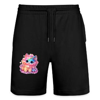 Chat - illustration - Short de jogging bio TRAINER Stanley/Stella unisexe - noir - Devant - Nik (191cm) & Marisol (170cm)