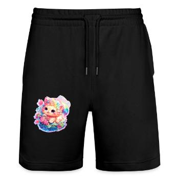 Chat - illustration - Short de jogging bio TRAINER Stanley/Stella unisexe - noir - Devant - Nik (191cm) & Marisol (170cm)