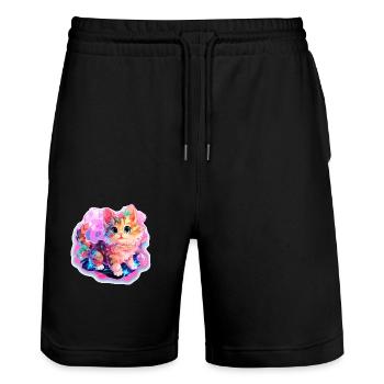 Chat - illustration - Short de jogging bio TRAINER Stanley/Stella unisexe - noir - Devant - Nik (191cm) & Marisol (170cm)