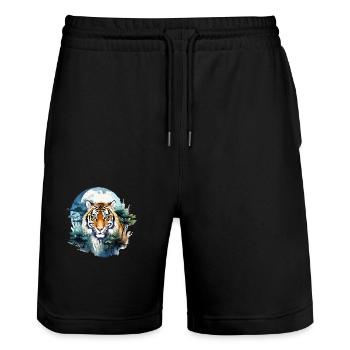 Tiger Raubkatze Natur Wald Mond Nacht Aquarell - Stanley/Stella Unisex Bio Joggingshorts Trainer  - Schwarz - Vorne - Nik (191cm) & Marisol (170cm)