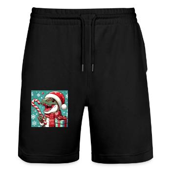 Christmas Dinosaur - Stanley/Stella Trainer Unisex Organic Jogging Shorts - black - Front - Nik (191cm) & Marisol (170cm)