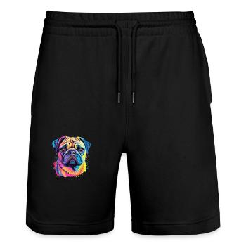 Carlin Chien Aquarelle Colorée Dessin Animé Kawaii Animal - Short de jogging bio TRAINER Stanley/Stella unisexe - noir - Devant - Nik (191cm) & Marisol (170cm)
