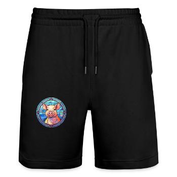 Schwein Buntglas bunte Karikatur Kawaii Tier - Stanley/Stella Unisex Bio Joggingshorts Trainer  - Schwarz - Vorne - Nik (191cm) & Marisol (170cm)