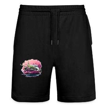 Airplane - illustration - Stanley/Stella Trainer Unisex Organic Jogging Shorts - black - Front - Nik (191cm) & Marisol (170cm)
