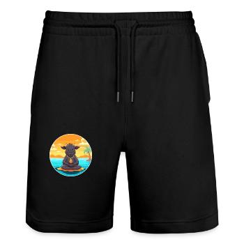 Buffalo Cartoon Yoga Beach Summer Illustration - Stanley/Stella Trainer Unisex Organic Jogging Shorts - black - Front - Nik (191cm) & Marisol (170cm)