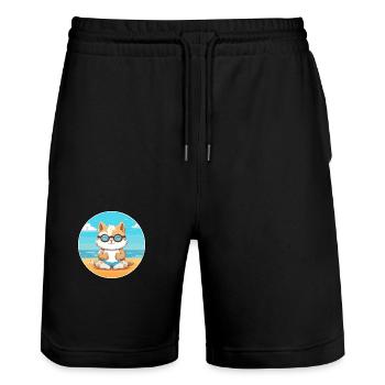 Kitten Cartoon Yoga Beach Summer Illustration - Stanley/Stella Trainer Unisex Organic Jogging Shorts - black - Front - Nik (191cm) & Marisol (170cm)