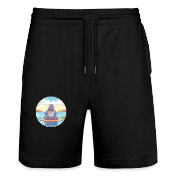 Hippo Cartoon Yoga Beach Summer Illustration - Stanley/Stella Trainer Unisex Organic Jogging Shorts - black - Front - Nik (191cm) & Marisol (170cm)